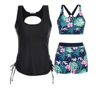 Generisch Tankini Damen Bauchweg 3-Teiliger Badeanzug Blumen Drucken Bademode Push Up Bikini Set High Waist Tankinis Sommer Badeanzüge Sport Bikinioberteile Und Badeshorts Strand(#10-02, S)