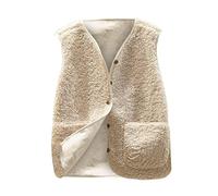 Generisch Teddy Fleece Weste Damen Herbst Winter Warm Ärmellos Jacke Casual Lose Bequem Einfarbig Plüsch Weste Kurz Jacke Fleeceweste Plüschweste Outwear Westen mit Knöpfen und Taschen Beige,5XL