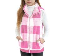 Generisch Teddy Fleece Weste Kinder im Karo-Muster Warme Ärmellose Weste für Herbst und Winter Winterweste Dicke Plüsch Cardigan Leicht Lang Fellweste Lässig Damenweste Jungen Mädchen Mantel