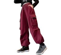 Generisch Teenager Kinder Hosen Für Mädchen Hohe Elastische Taille Kordelzug Lose Fit Taschen Kind Hohe Cargo Jogginghose Streetwear (Red, 7-8 Years)