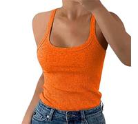 Generisch Top Damen Sommer Basic Einfarbig Slim Fit Stretch Top Einfarbig Unterhemden Crop Tops Elegant U-Ausschnitt Tshirts Tanktop (Orange, S)
