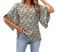 Generisch Top Damen Sommer - Lockere Chiffonbluse mit Blumendruck V-Ausschnitt Rüschenärmeln für Damen - Leichte Damen T-Shirts im lässigen Stil