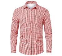 Generisch Trachtenhemd Herren Rot, Trachtenhemd Herren Slim Fit Trachten Karohemd Langarm Trachtenhemden Einfarbig Kariertes Hemd mit Tasche Comfort Freizeithemd für Oktoberfest