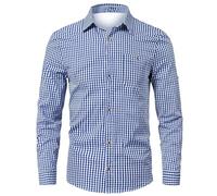 Generisch Trachtenhemd Herren Weiß Blau, Trachtenhemd Herren Slim Fit Trachten Karohemd Langarm Trachtenhemden Einfarbig Kariertes Hemd mit Tasche Comfort Freizeithemd für Oktoberfest