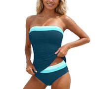Generisch Trägerloser Tankini-Badeanzug mit gerafftem Bandeau-Oberteil, Zweiteiliger Badeanzug (Dark Green2, XXL)