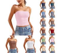 Generisch Tube Top, Schulterfrei Tube Top Damen Ärmellos Tank Top Slim Fit Crop Tops Sommertops Elegant Doppelt Gefüttert Oberteile Top Damen Sommer Einfarbig Trägerloses Bandeau-Top Y2K Clothes