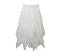 Generisch Tüllröcke mit Stern-Pailletten für Damen Langer Paillettenrock Tutu High Low-Rock funkelnder mehrlagiger A-Linien-Rock mit elastischer Taille 2025 (White M)