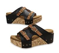 Generisch Wedge Sandals for Women Comfortable Platform Slip On Sandals Faux Cork Open Toe Casual Summer Slides Walking Outdoor Beach Chunky Heel Everyday Sandals (black,40)