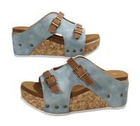 Generisch Wedge Sandals for Women Comfortable Platform Slip On Sandals Faux Cork Open Toe Casual Summer Slides Walking Outdoor Beach Chunky Heel Everyday Sandals (blue,43)
