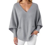 Generisch Weicher Strickpullover für Damen in Übergröße mit V-Ausschnitt lässigen Fledermausärmeln Damen Sommer Einfarbiges Top - Kurzarm Rundhals Stretch Weich Freizeit Festival Outfit (Grey, XL)