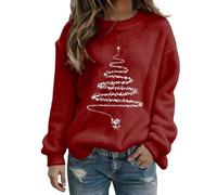 Generisch Weihnachts Pullover Damen Flanell Weihnachtspullover Rundhals Langarm Weihnachtspulli Merry Christmas Sweater Lustig Weihnachts Weihnachtsbaum Druck Sweatshirts Pullis Oberteile Wein S