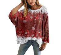 Generisch Weihnachtspulli Damen Weihnachtsbluse Damen Baumwolle Weihnachtsfeier Sweatshirt Weihnachtskleidung Sexy Oberteil Strick Glitzer Pulli Weihnachtsshirt Elegant Bluse Kleidung 2#tiefrot XXL