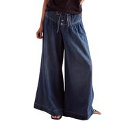 Generisch Weite Jeans Damen, Women Pleated Baggy Jeans Elastic Waist Wide Leg Denim Pants Palazzo Cargo Barrel Jeans Drawstring Jeanshosen