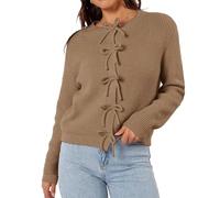 Generisch Winterjacke Damen,Strickjacken für Damen Rundhalsausschnitt Langarm Oberteile Schleife Pullover mit Druckknöpfen Elegante Leichte Jacken Einfarbig Warm Grob Übergangsmantel Dunkelbraun L