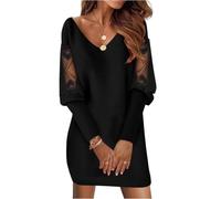 Generisch Winterkleid Damen Elegant Langarm Pulloverkleid Damen Kurz V Ausschnitt Kleid Patchwork Herbstkleid Spitze Kleider Frauen Oversize Einfarbig Shirtkleid Lässig Schick Damenkleider Pullikleid
