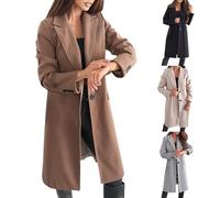 Generisch Wollmantel Damen Winter Mantel Warme Elegant Wintermantel Übergangsjacke V-Ausschnitt Revers Knielang Trenchcoat Casual Einfarbig Jacke Outdoor Slim Fit Mit Knöpfen und Taschen Kaffee XL