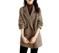 Generisch Wollmantel mit Hahnentrittmuster Damen Wintermantel Eleganter Trenchcoat mit Revers Zweireihig mit Taschen mittellange Cabanjacke mit Hahnentrittmuster Elegante Blazer Braun M