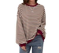 Generisch Women Striped Color Block Oversized Sweatshirt Crew Neck Long Sleeve Shirt Pullover Top Casual Loose fit Sweater Pullover Y2K Shirt Casual Tops (Rot, L)