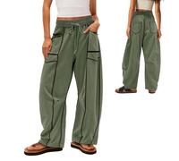 Generisch Womens Baggy Barrel Pants Wide Leg Lounge Drawstring Sweatpants with Pockets, Summer Lightweight Sweatpants with Pocket (Green,L)
