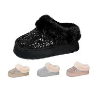 Generisch Women's Platform Glitter Sequin Flat Slippers Fuzzy Fluffy Lined Slippers Warm Winter Snow Boots Indoor Outdoor 2026 New (Black,39)