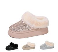 Generisch Women's Platform Glitter Sequin Flat Slippers Fuzzy Fluffy Lined Slippers Warm Winter Snow Boots Indoor Outdoor 2026 New (Pink,38)