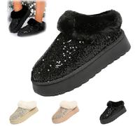 Generisch Women's Platform Glitters Sequins Flat Slipperses, Glitter Sequin Fuzzy Slippers,Warm Glitter Sequin Winter Snow Boots,Winter Snow Boots Fuzzy Fluffy Lined Slippers (Black,38)