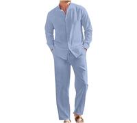 Generisch Zweiteiler Herren Leinenanzug Sommer Leinenhose Und Leinenshirt 2-Teiligs Freizeitanzug Kurzarm Leinenhemd und Hosen Set Outfits Casual Jogginganzug Trainingsanzug Sportanzug Einfarbig