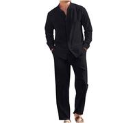 Generisch Zweiteiler Herren Leinenanzug Sommer Leinenhose Und Leinenshirt 2-Teiligs Freizeitanzug Kurzarm Leinenhemd und Hosen Set Outfits Casual Jogginganzug Trainingsanzug Sportanzug Einfarbig