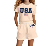 Generisch Zweiteiliges patriotisches Mädchenoutfit Kurzarmtop Shorts als Bequeme Freizeitkleidung für zum Feiern Spielen (Beige, 11-12Years)