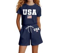 Generisch Zweiteiliges patriotisches Mädchenoutfit Kurzarmtop Shorts als Bequeme Freizeitkleidung für zum Feiern Spielen (Navy, 7-8Years)