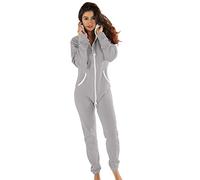 Gennadi Hoppe Damen Jumpsuit Hausanzug Overall Frauen Onesie Ganzkörperanzug Einteiler Baumwolle bequem kuschelig lässig sportlich trendy stylisch weich warm locker hellgrau L H6240