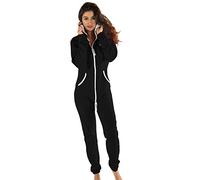 Gennadi Hoppe Damen Jumpsuit Hausanzug Overall Frauen Onesie Ganzkörperanzug Einteiler Baumwolle bequem kuschelig lässig sportlich trendy stylisch weich warm locker schwarz schwarzer L H6123