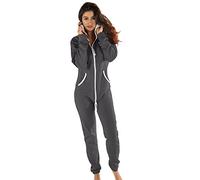 Gennadi Hoppe Damen Jumpsuit Hausanzug Overall Frauen Onesie Ganzkörperanzug Einteiler Baumwolle bequem kuschelig lässig sportlich trendy stylisch weich warm locker grau grauer L H6153