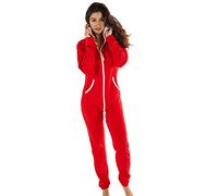 Gennadi Hoppe Damen Jumpsuit Hausanzug Overall Frauen Onesie Ganzkörperanzug Einteiler Baumwolle bequem kuschelig lässig sportlich trendy stylisch weich warm locker rot roter XL H7523
