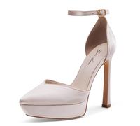 GENSHUO Damen Plateau High Heel Pumps 13 cm/5,12 Zoll Stiletto Heels Riemchenpump Sexy Spitze High Heels mit Knöchelriemen Geschlossene Stöckelschuhe für Party Prom, Nuderosa, 37 EU