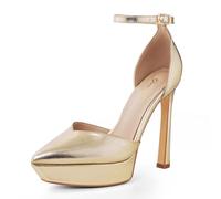 GENSHUO Damen Plateau High Heel Pumps 13 cm/5,12 Zoll Stiletto Heels Riemchenpump Sexy Spitze High Heels mit Knöchelriemen Geschlossene Stöckelschuhe für Party Prom, Gold, 40 EU