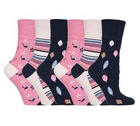Gentle Grip - 6er Pack Damen Baumwolle Reine Bunt Muster Ohne Gummi Socken mit Design (37-42 EU, GG168 Birds/Leaves)