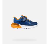 Sneaker GEOX "Blinkschuh J ACTIVART ILLUMINUS", Damen, Gr. 33, navy, orange, Lederimitat, Textil, Schuhe Sneaker, Klettschuh mit Looney Tunes Motiv, Größenschablone zum Download (26680751-33) navy, or