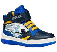 Sneaker GEOX "J BUZZERLIGHT BOY Blinkschuh", Kinder, Gr. 33, blau (navy, gelb), Synthetik, kontrastfarbene Details, sportlich, Schuhe, Schnürboots mit cooler Blinkfunktion, Größenschablone zum Downloa