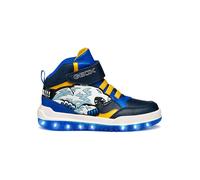 Sneaker GEOX "J BUZZERLIGHT BOY Blinkschuh", Kinder, Gr. 33, blau (navy, gelb), Synthetik, kontrastfarbene Details, sportlich, Schuhe, Schnürboots mit cooler Blinkfunktion, Größenschablone zum Downloa
