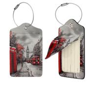 Gepäckanhänger aus PU-Leder für Koffer, rot, London, Straße, Gepäckanhänger, Reisetaschen-Etiketten, Sichtschutz, ID-Etikett mit Stahlschlaufen, Kofferanhänger für Damen und Herren