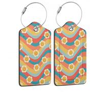 Gepäckanhänger im 70er-Jahre-Hippie-Stil, Gänseblümchen, groovige Blumen, Gepäckanhänger, Set mit 2 Lederkennzeichnungen, Sichtschutz mit Edelstahlschlaufe, für Damen und Herren, Reisetasche, Koffer