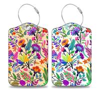 Gepäckanhänger mit bunten Blumen und tropischen Blättern, 2 Stück, für Koffer, Leder, Kofferanhänger mit Datenschutz-Namensetikett und Edelstahlschlaufe für Damen und Herren, Reisegepäckzubehör