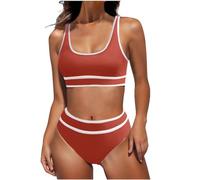 Gepolstert Bikinis Damen, Zweiteiliger Badeanzug mit Trägern und abnehmbaren Brustpolstern U-Ausschnitt Bademode Bauchkontrolle Hohe Taille Badeoberteil+ Dreieckshose 2-Sets Swimsuits