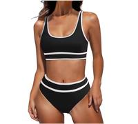 Gepolstert Bikinis Damen, Zweiteiliger Badeanzug mit Trägern und abnehmbaren Brustpolstern U-Ausschnitt Bademode Bauchkontrolle Hohe Taille Badeoberteil+ Dreieckshose 2-Sets Swimsuits
