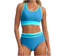 Gepolstert Bikinis Damen, Zweiteiliger Badeanzug mit Trägern und abnehmbaren Brustpolstern U-Ausschnitt Bademode Bauchkontrolle Hohe Taille Badeoberteil+ Badehose 2-Sets Swimsuits