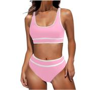 Gepolstert Bikinis Damen, Zweiteiliger Badeanzug mit Trägern und abnehmbaren Brustpolstern U-Ausschnitt Bademode Bauchkontrolle Hohe Taille Badeoberteil+ Dreieckshose 2-Sets Swimsuits