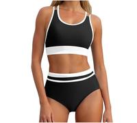Gepolstert Bikinis Damen, Zweiteiliger Badeanzug mit Trägern und abnehmbaren Brustpolstern U-Ausschnitt Bademode Bauchkontrolle Hohe Taille Badeoberteil+ Badehose 2-Sets Swimsuits
