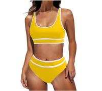 Gepolstert Bikinis Damen, Zweiteiliger Badeanzug mit Trägern und abnehmbaren Brustpolstern U-Ausschnitt Bademode Bauchkontrolle Hohe Taille Badeoberteil+ Dreieckshose 2-Sets Swimsuits