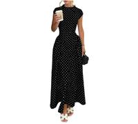 Gepunktetes Kleid Damen Lang mit Ärmel Elegant Kleider Sommer Italienische Mode A-Linie Maxikleid Tailliert Punkte Schicke Sommerkleider Frauen Leicht Stehkragen Damenkleider Maxi Festlich
